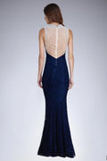 Robe de soirée dentelle élégante longue bleu marine ajustée glamour dos transparent ornements perles