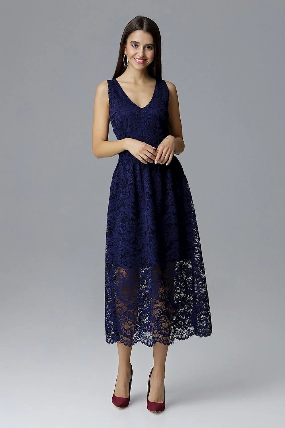 Robe de soirée en dentelle bleu marine élégante chic col V transparence pour occasions spéciales