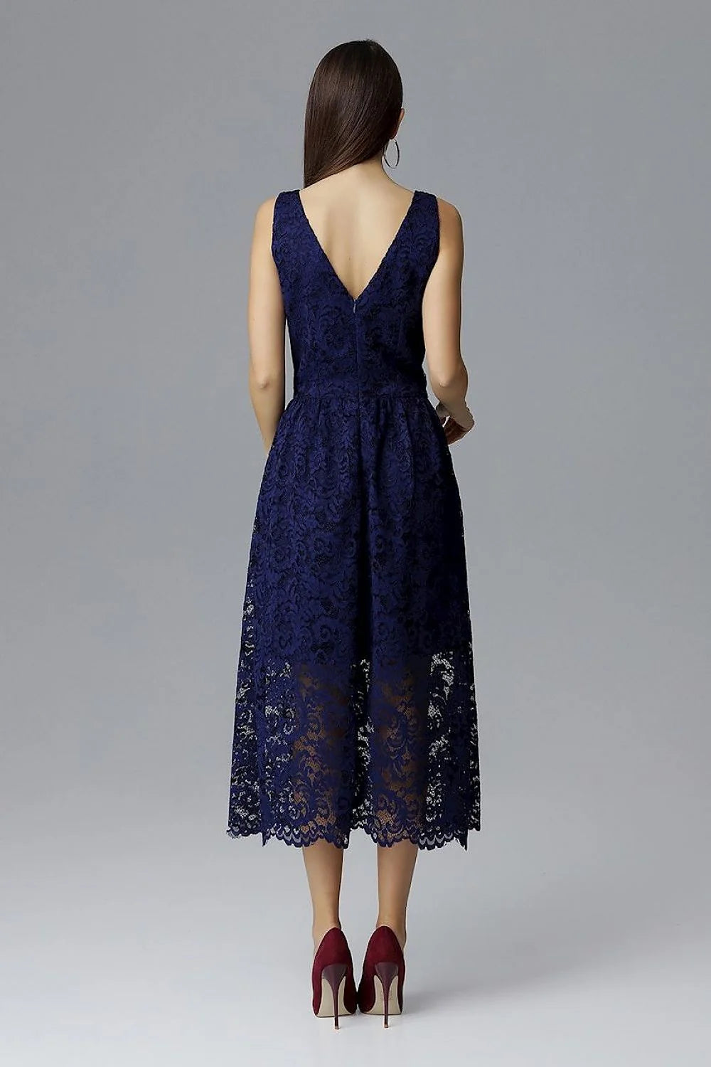 Robe de soirée en dentelle bleu marine élégante chic col V transparence pour occasions spéciales