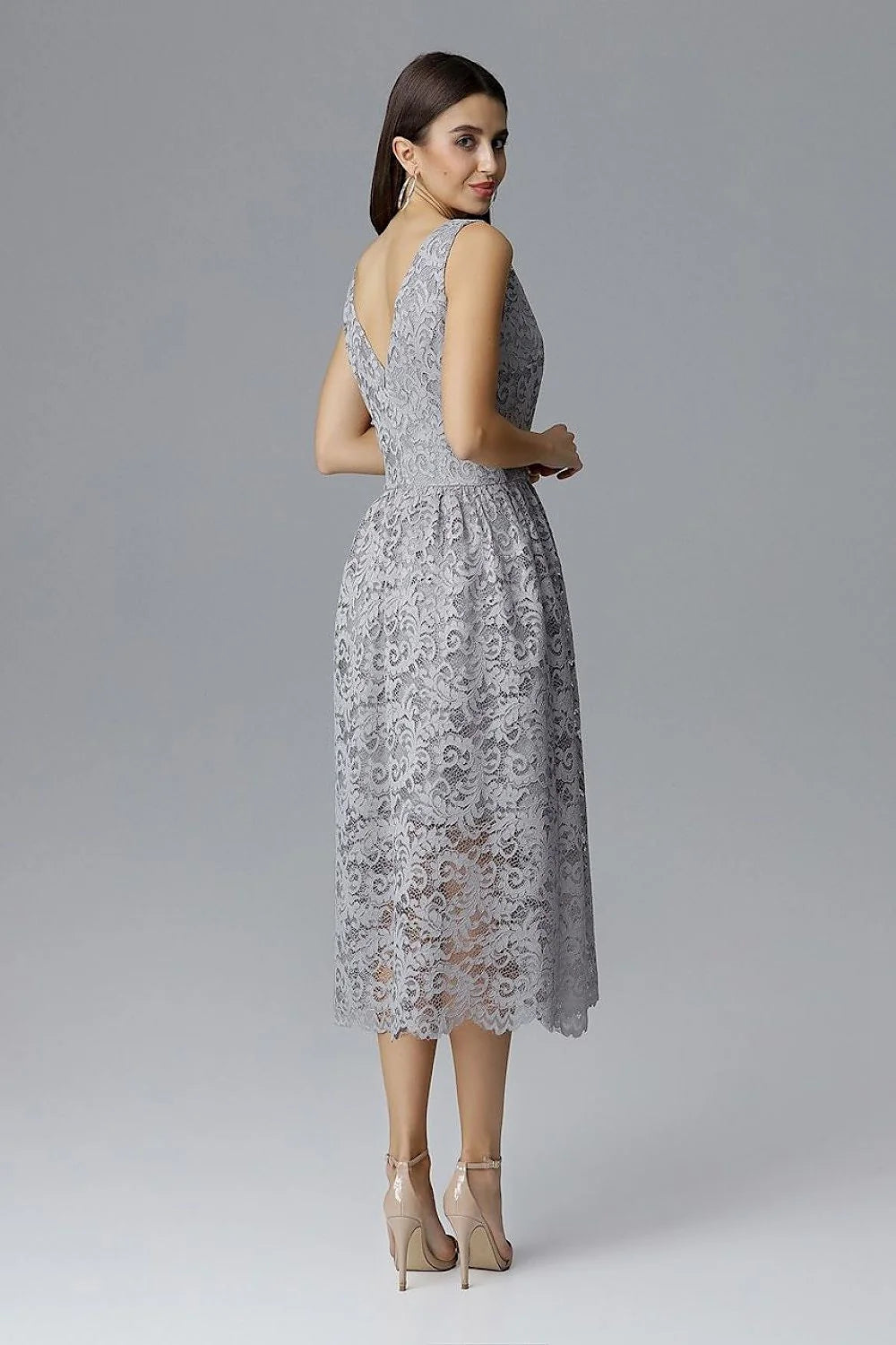 Robe de soirée en dentelle bleu marine élégante chic col V transparence pour occasions spéciales