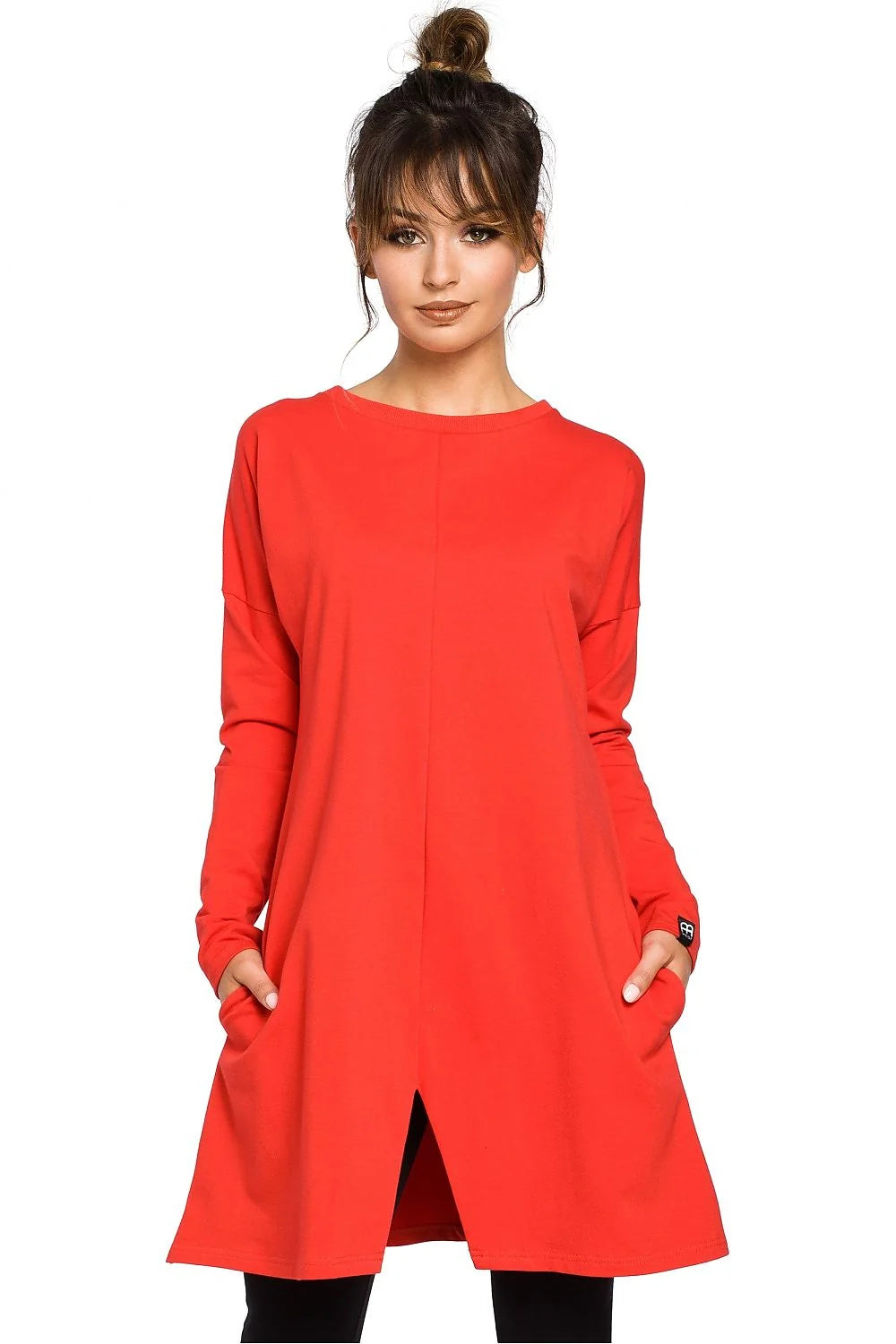 Robe décontractée coton rouge vif ample avec manches longues poches confort style détente femmes