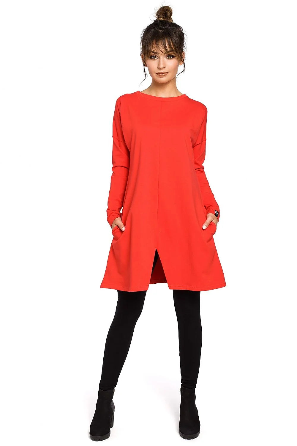 Robe décontractée coton rouge vif ample avec manches longues poches confort style détente femmes