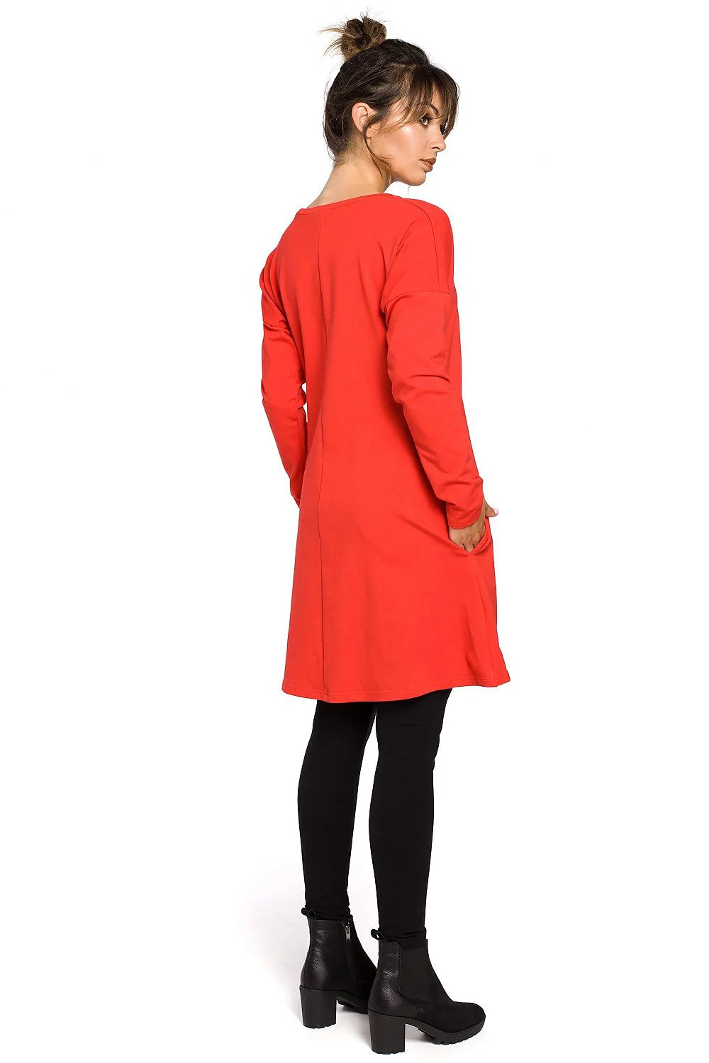 Robe décontractée coton rouge vif ample avec manches longues poches confort style détente femmes