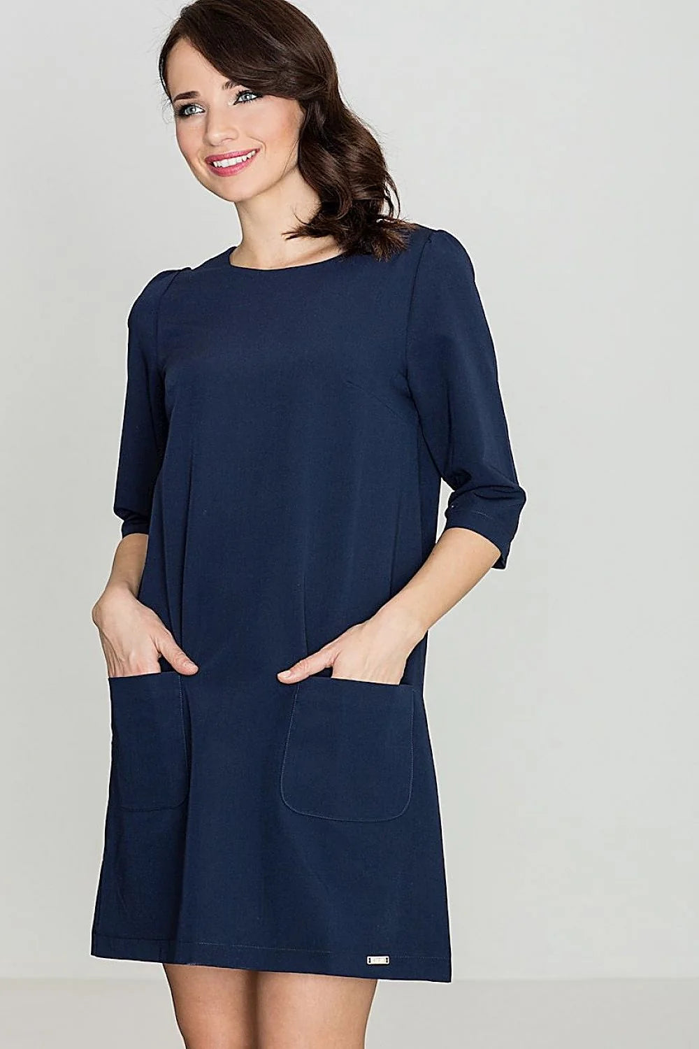 Robe décontractée en coton bleu marine manches trois-quarts poches avant style quotidien élégant femmes