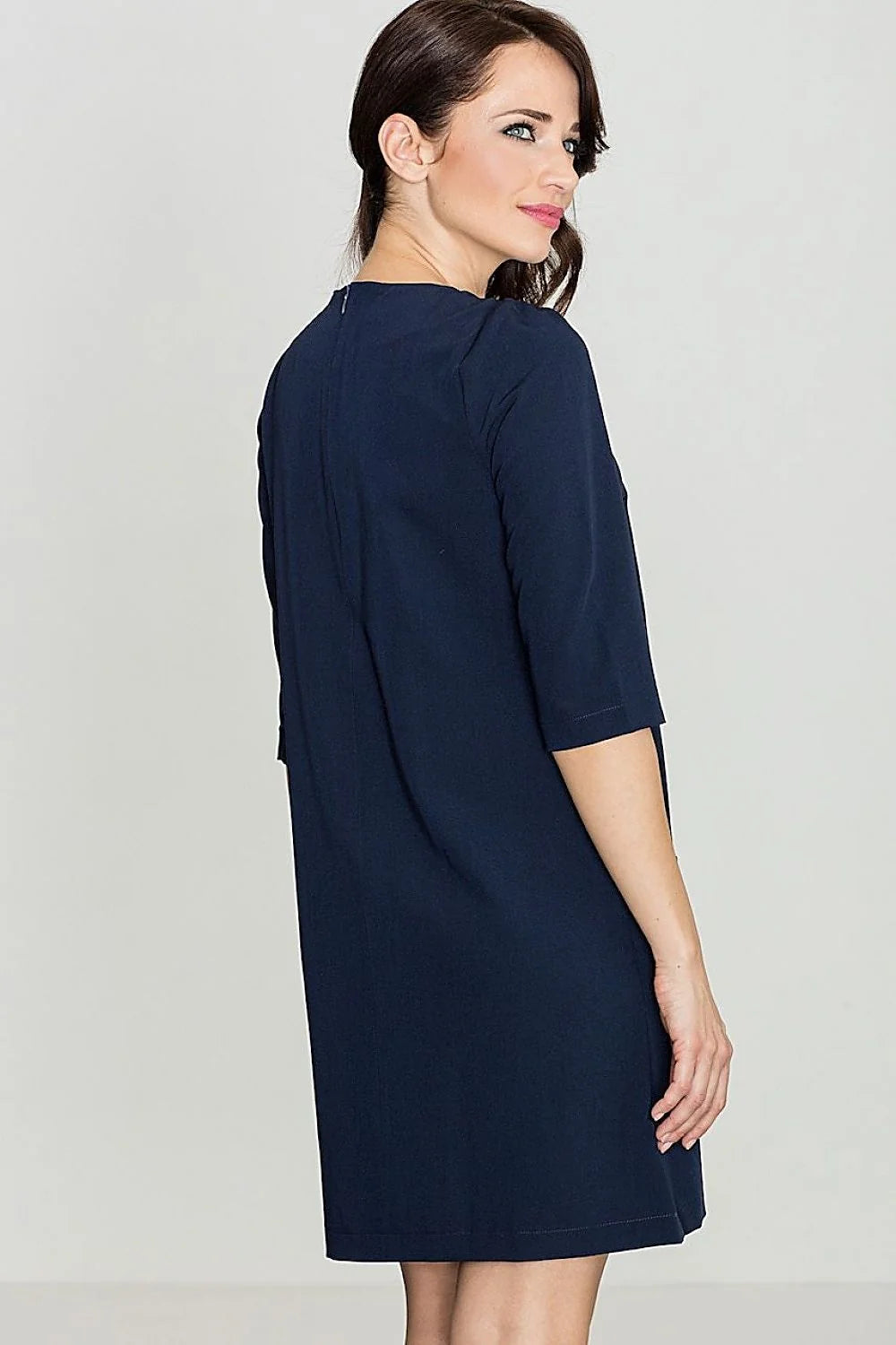 Robe décontractée en coton bleu marine manches trois-quarts poches avant style quotidien élégant femmes