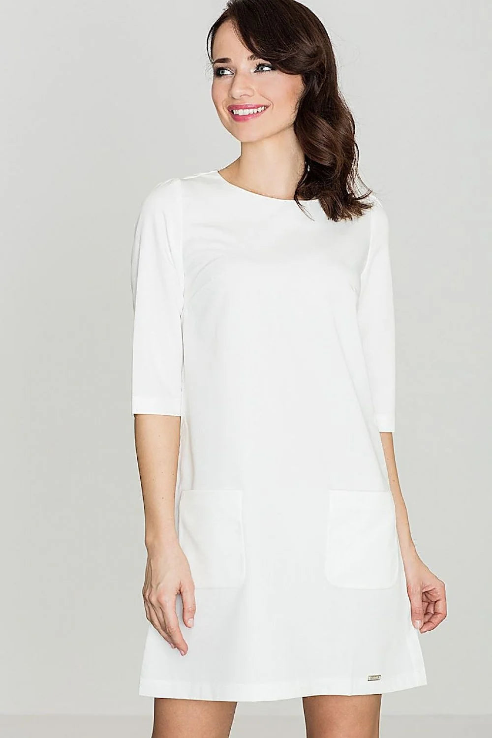 Robe décontractée en coton bleu marine manches trois-quarts poches avant style quotidien élégant femmes