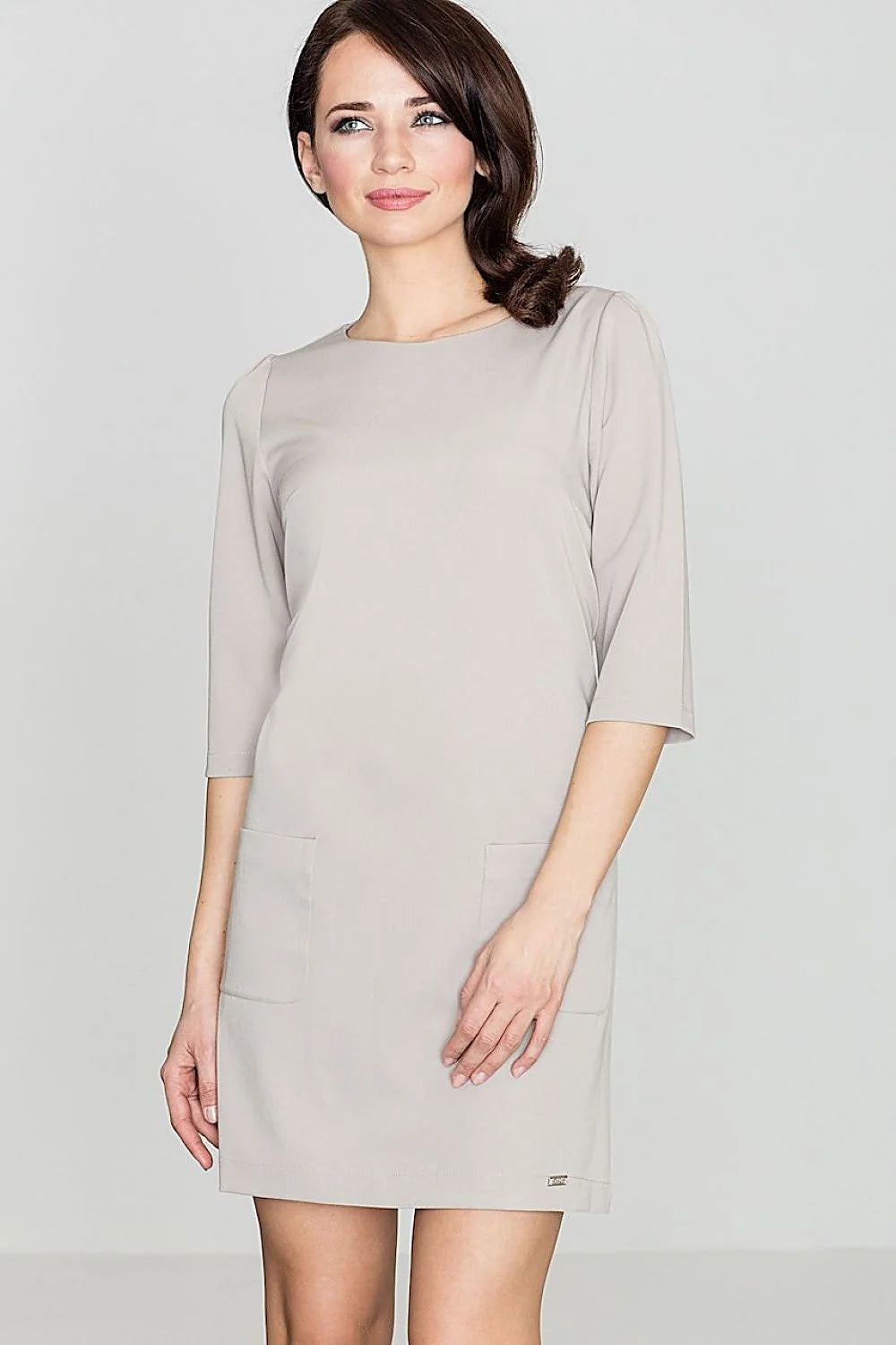 Robe décontractée en coton bleu marine manches trois-quarts poches avant style quotidien élégant femmes