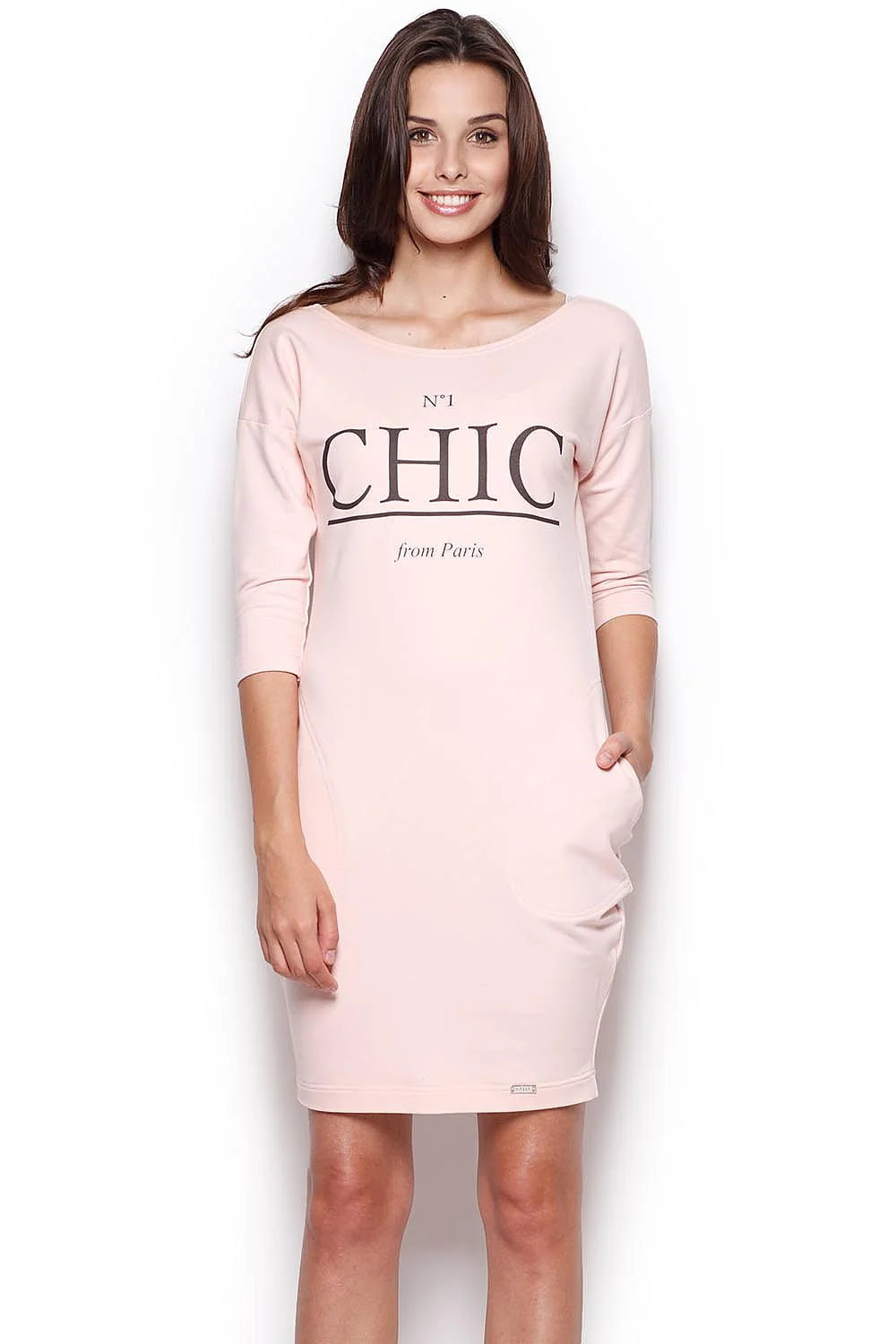 Robe droite en coton rose chic décontracté manches trois-quarts imprimé texte féminin élégant Paris