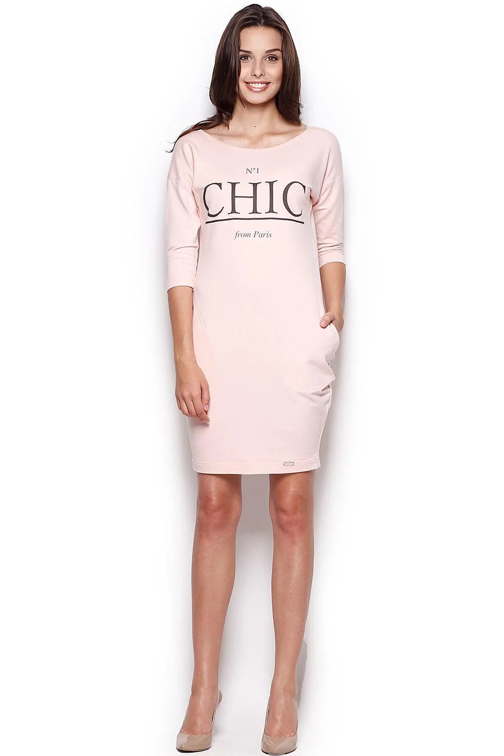 Robe droite en coton rose chic décontracté manches trois-quarts imprimé texte féminin élégant Paris