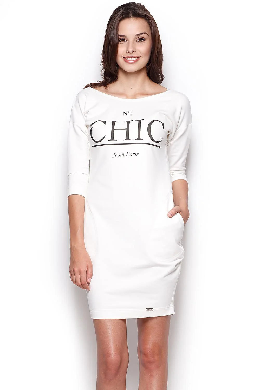 Robe droite en coton rose chic décontracté manches trois-quarts imprimé texte féminin élégant Paris