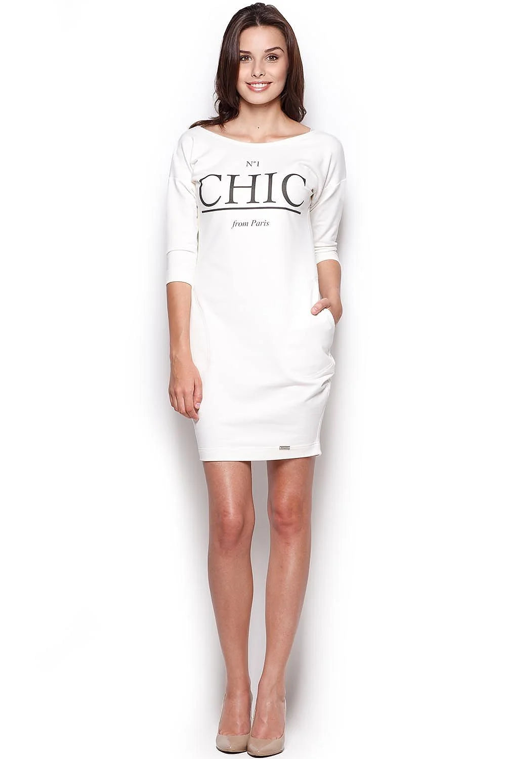 Robe droite en coton rose chic décontracté manches trois-quarts imprimé texte féminin élégant Paris