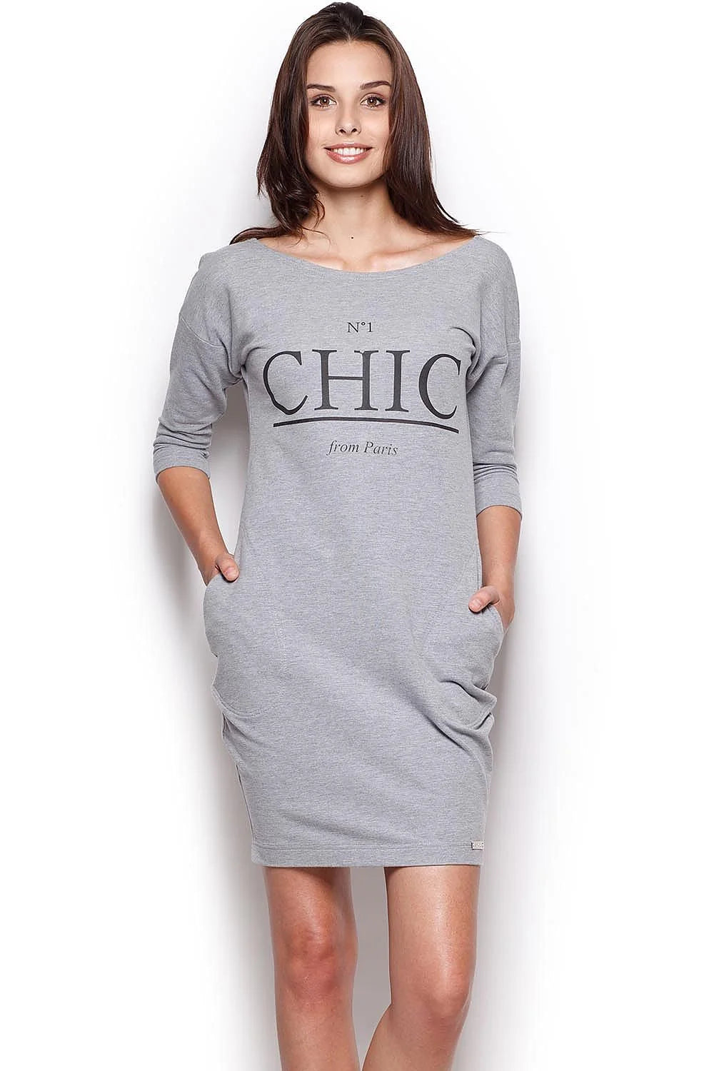 Robe droite en coton rose chic décontracté manches trois-quarts imprimé texte féminin élégant Paris