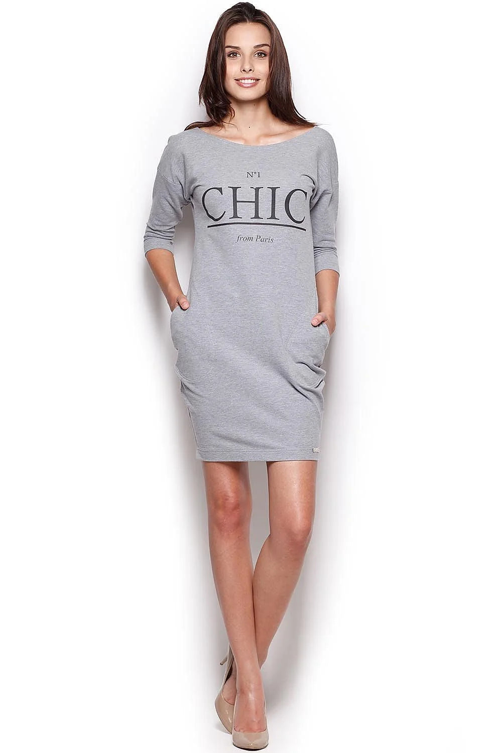 Robe droite en coton rose chic décontracté manches trois-quarts imprimé texte féminin élégant Paris