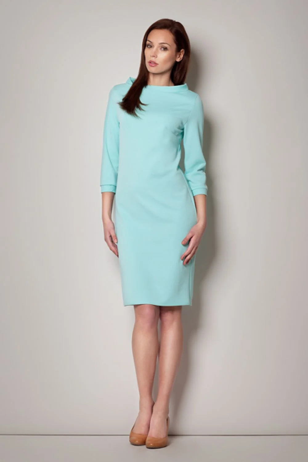 Robe droite en coton turquoise clair élégante pour bureau, sortie, manches trois-quarts minimaliste