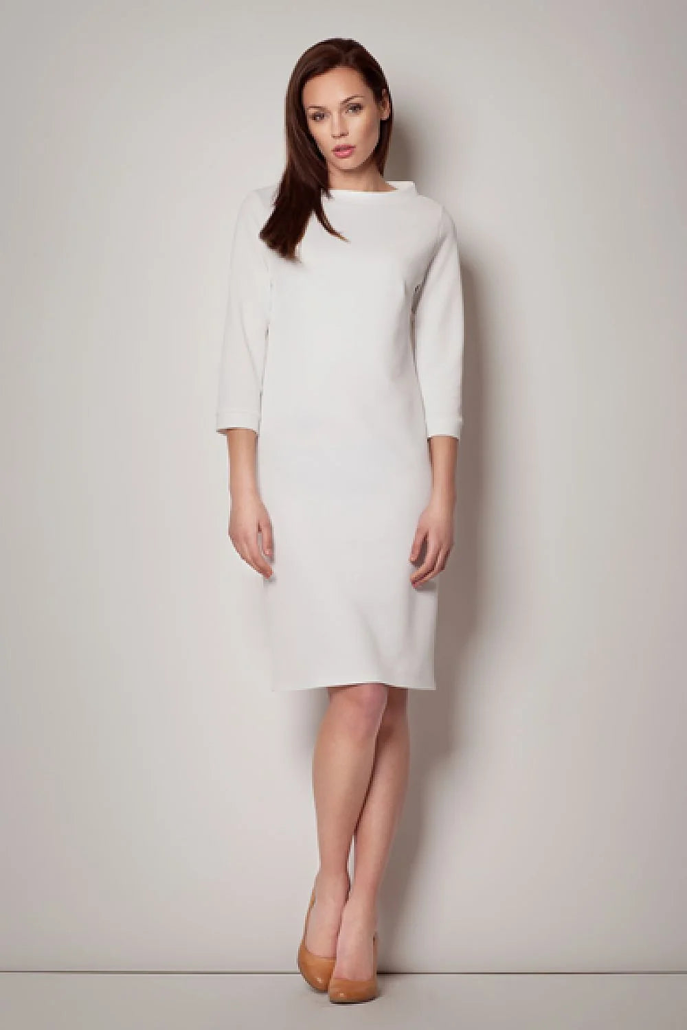 Robe droite en coton turquoise clair élégante pour bureau, sortie, manches trois-quarts minimaliste