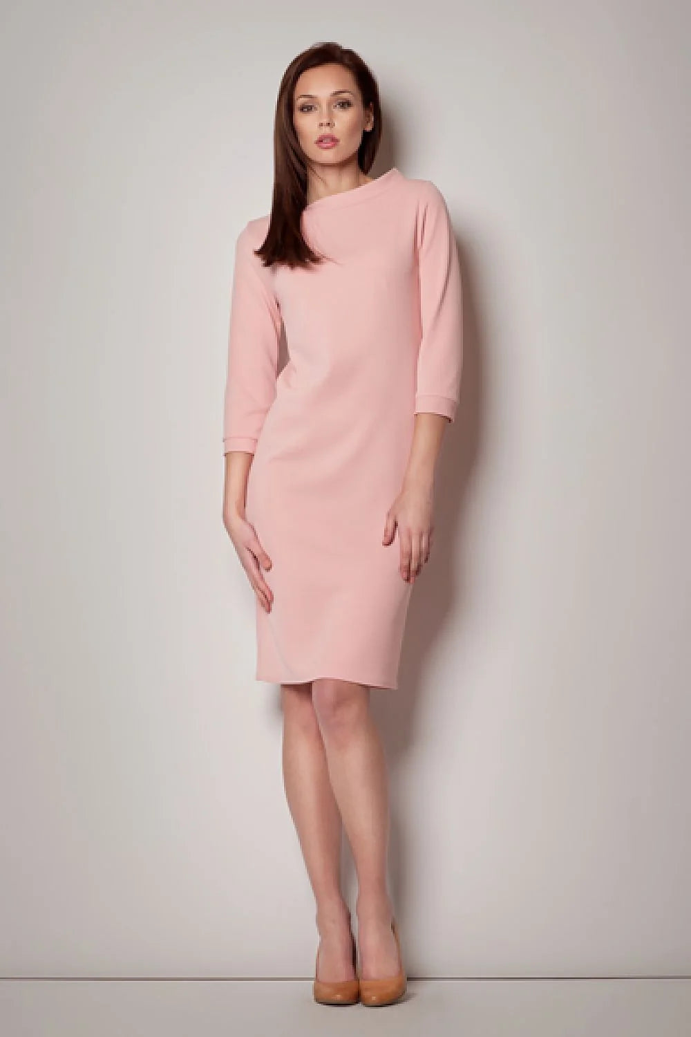 Robe droite en coton turquoise clair élégante pour bureau, sortie, manches trois-quarts minimaliste