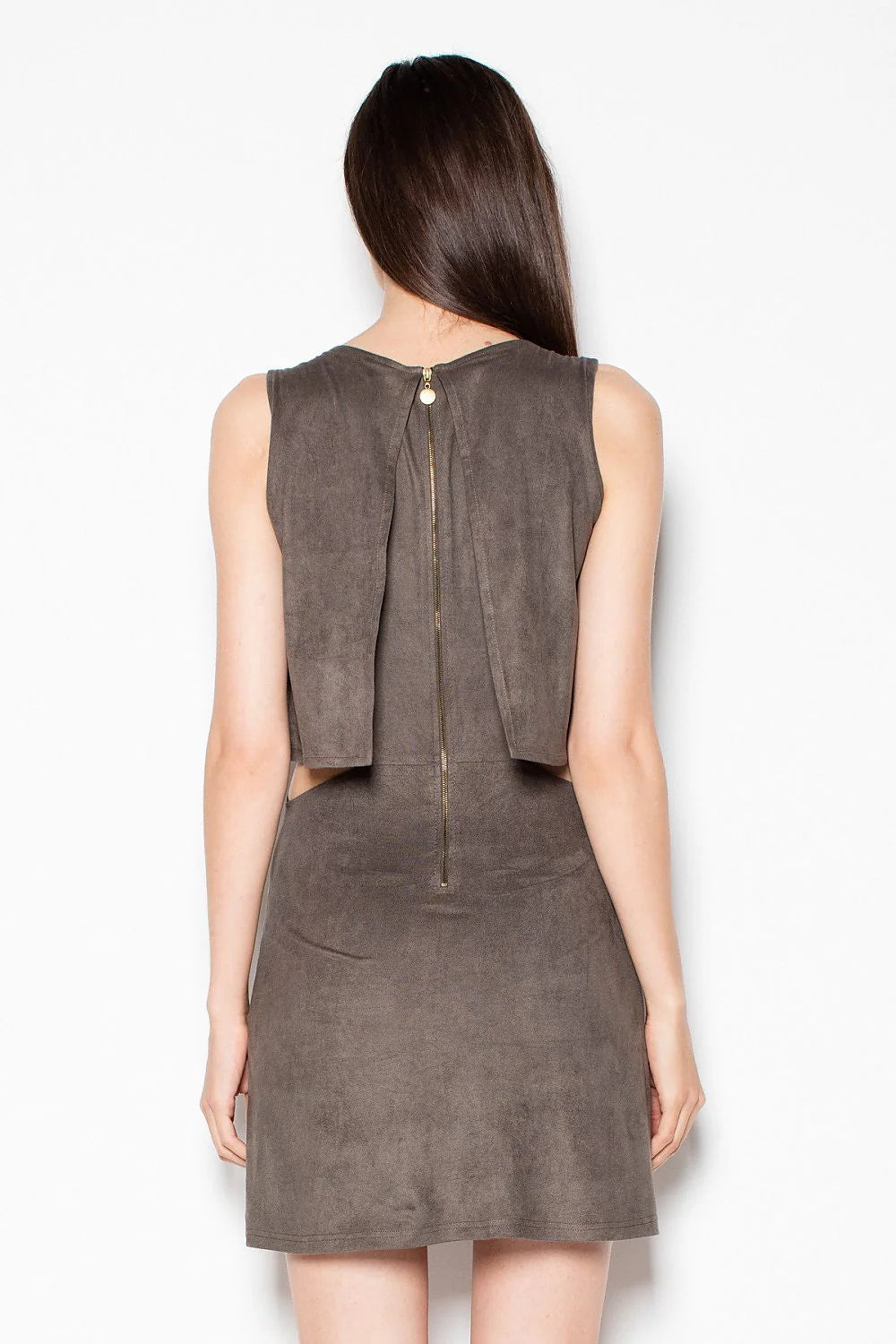 Robe Élégante Aspect Suédé Moderne Chic Gris Taupe Sans Manches Découpe Taille Femme Tendance Contemporaine