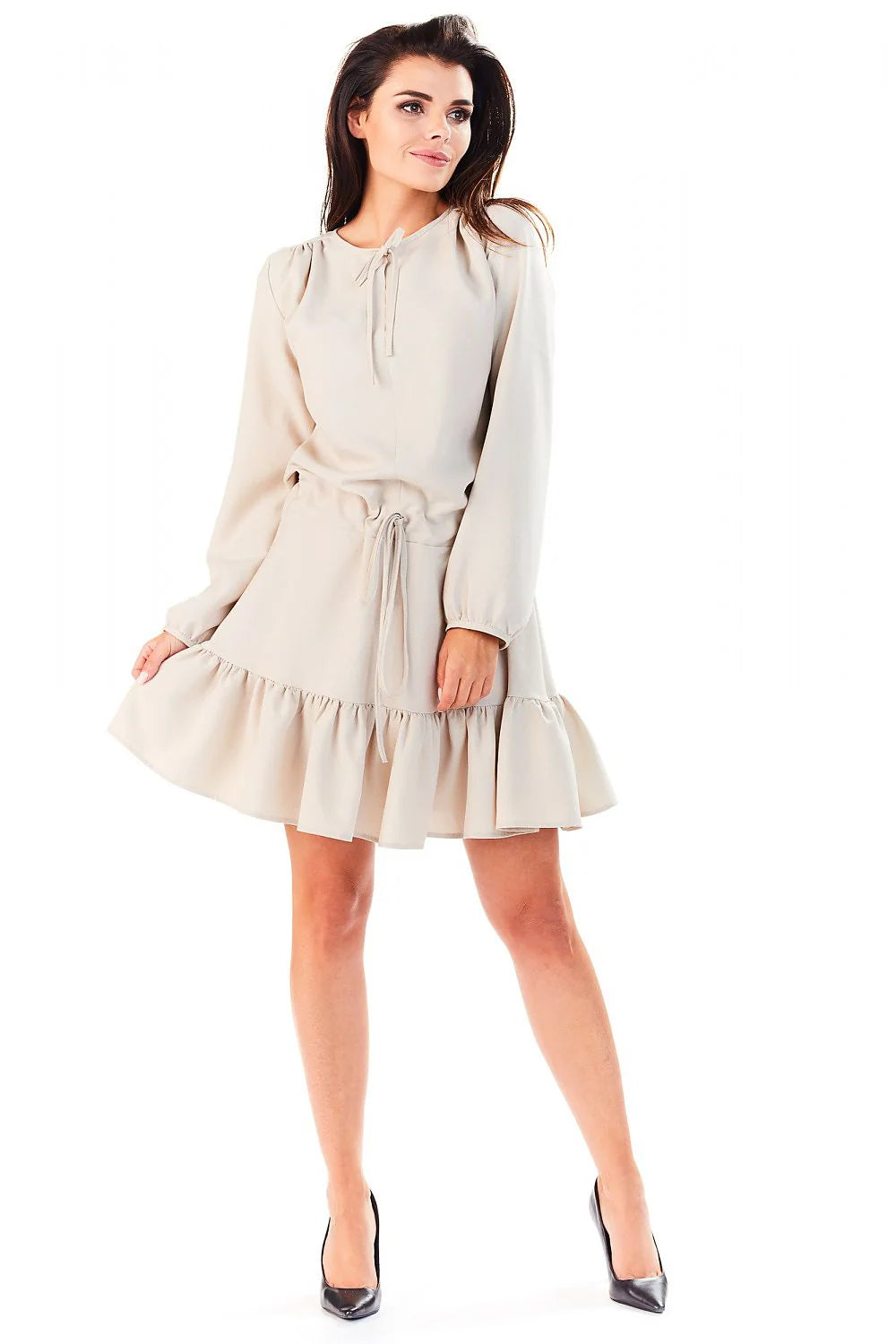 Robe élégante beige clair polyester style décontracté manches longues volants idéal mode féminine printemps