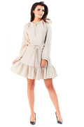 Robe élégante beige clair polyester style décontracté manches longues volants idéal mode féminine printemps