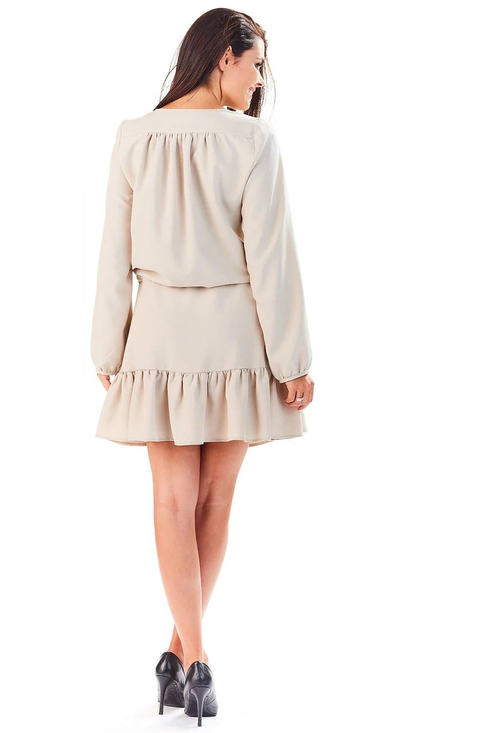 Robe élégante beige clair polyester style décontracté manches longues volants idéal mode féminine printemps