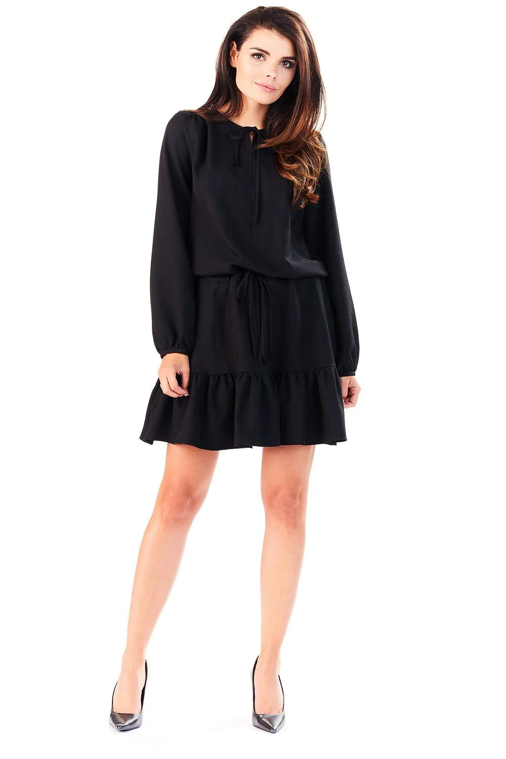 Robe élégante beige clair polyester style décontracté manches longues volants idéal mode féminine printemps