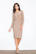 Robe élégante beige en tissu stretch manches longues style classique pour journée chic femme