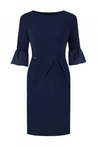 Robe élégante bleu marine en polyester chic ajustée manches évasées pour femmes grande taille