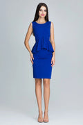 Robe élégante bleu polyester coupe crayon sans manches style peplum pour événements formels féminins