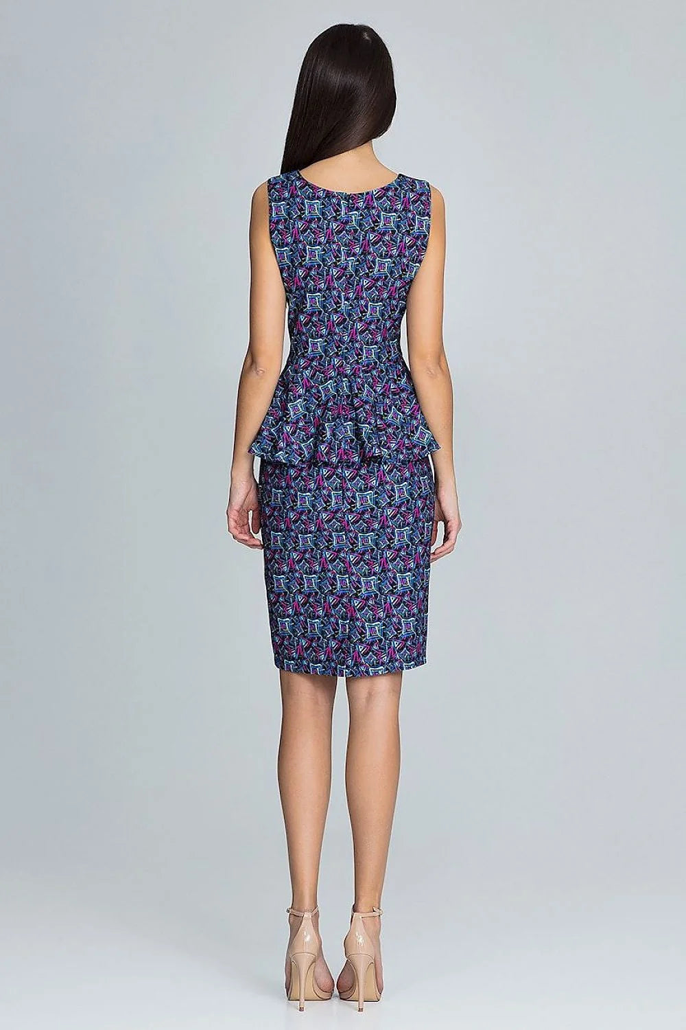 Robe élégante bleu polyester coupe crayon sans manches style peplum pour événements formels féminins