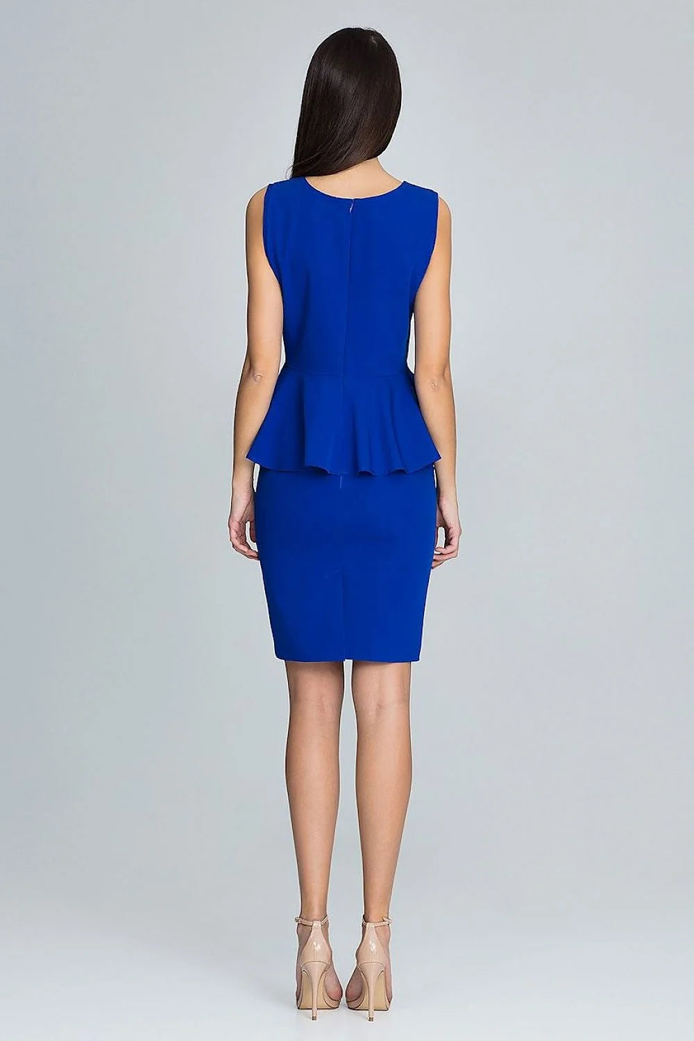Robe élégante bleu polyester coupe crayon sans manches style peplum pour événements formels féminins