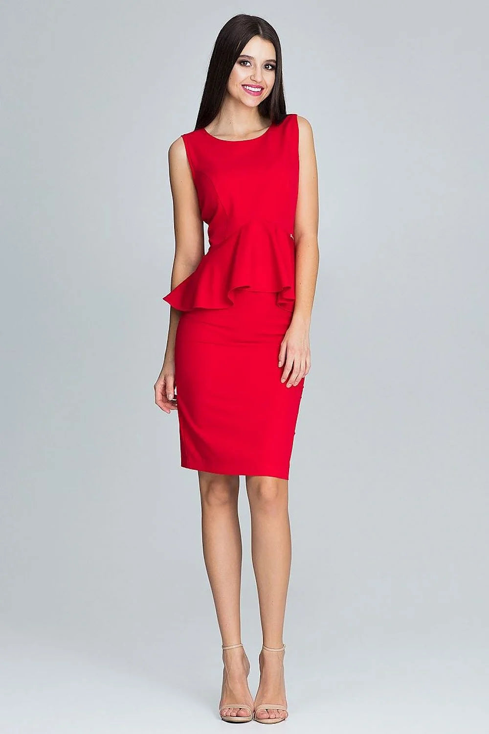 Robe élégante bleu polyester coupe crayon sans manches style peplum pour événements formels féminins