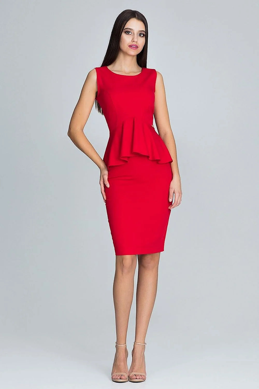 Robe élégante bleu polyester coupe crayon sans manches style peplum pour événements formels féminins