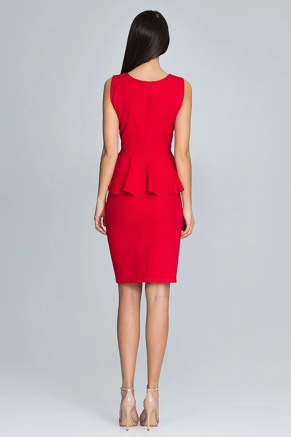 Robe élégante bleu polyester coupe crayon sans manches style peplum pour événements formels féminins