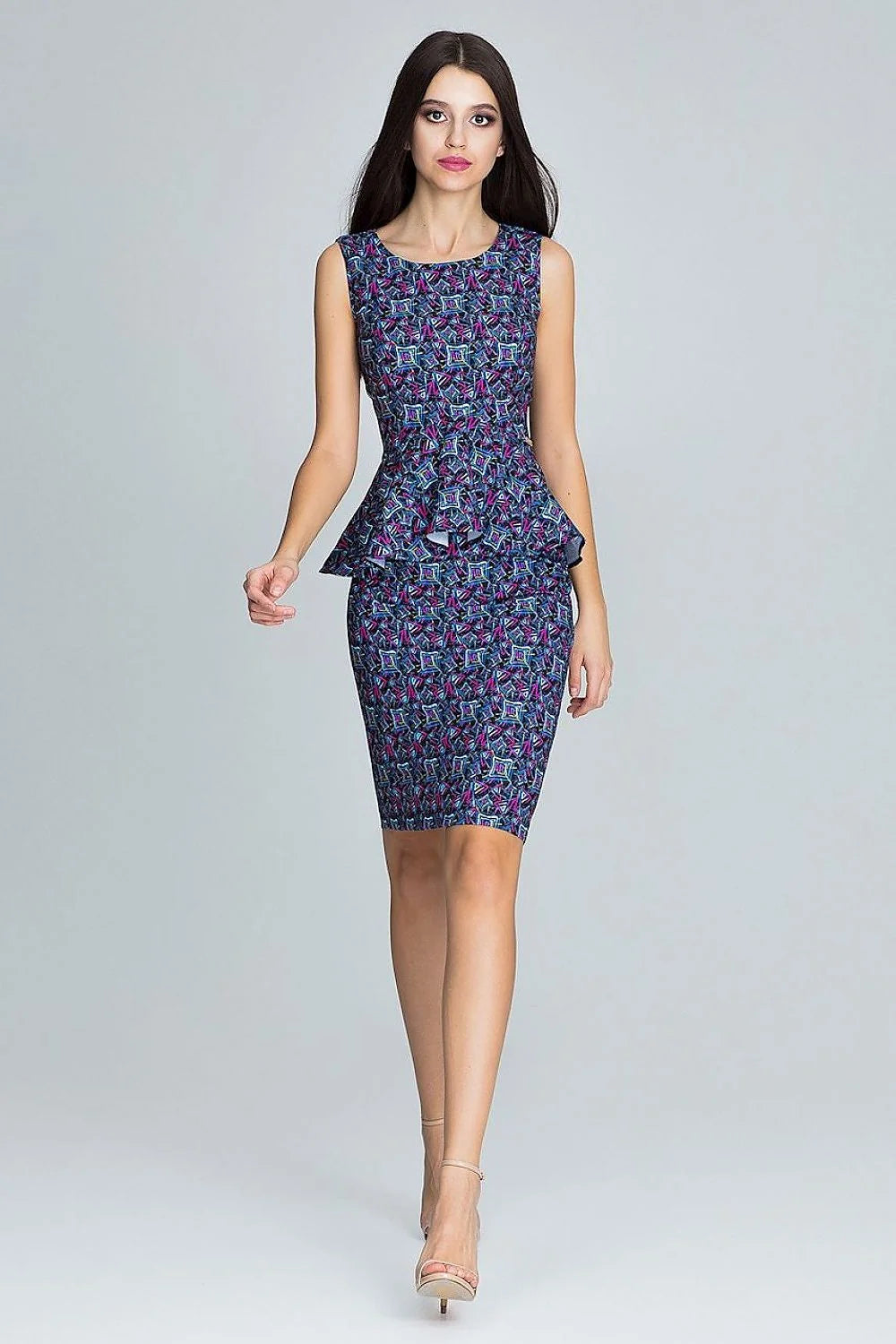 Robe élégante bleu polyester coupe crayon sans manches style peplum pour événements formels féminins
