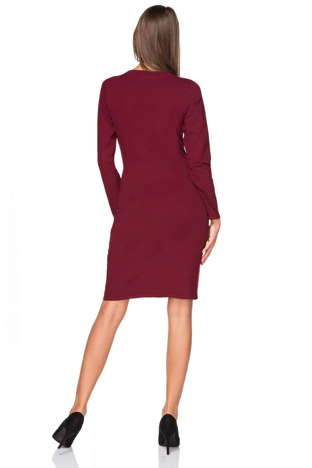 Robe élégante bordeaux coton ajustée col en V manches longues soirée chic femme élégante