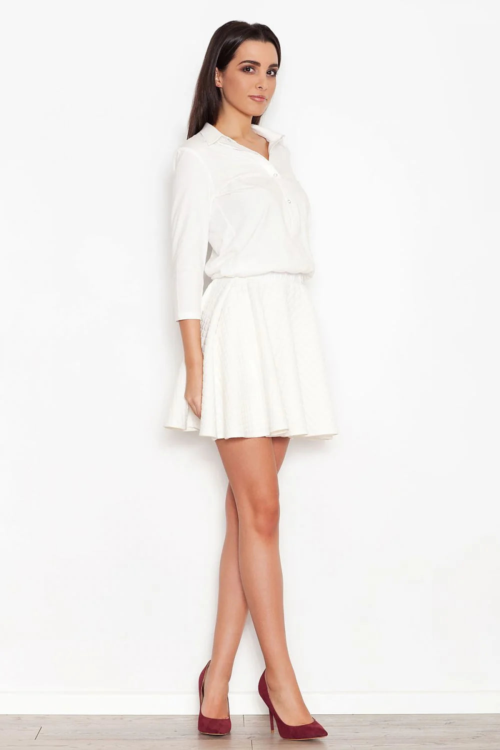 Robe élégante chemisier blanc coton polyester moderne confort jupe trapèze tenue féminine escarpins