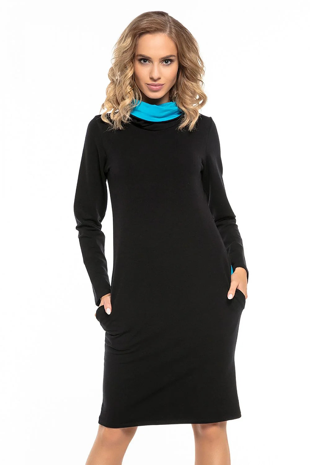 Robe élégante en coton noir col rouge manches longues pour tenues décontractées quotidiennes féminines