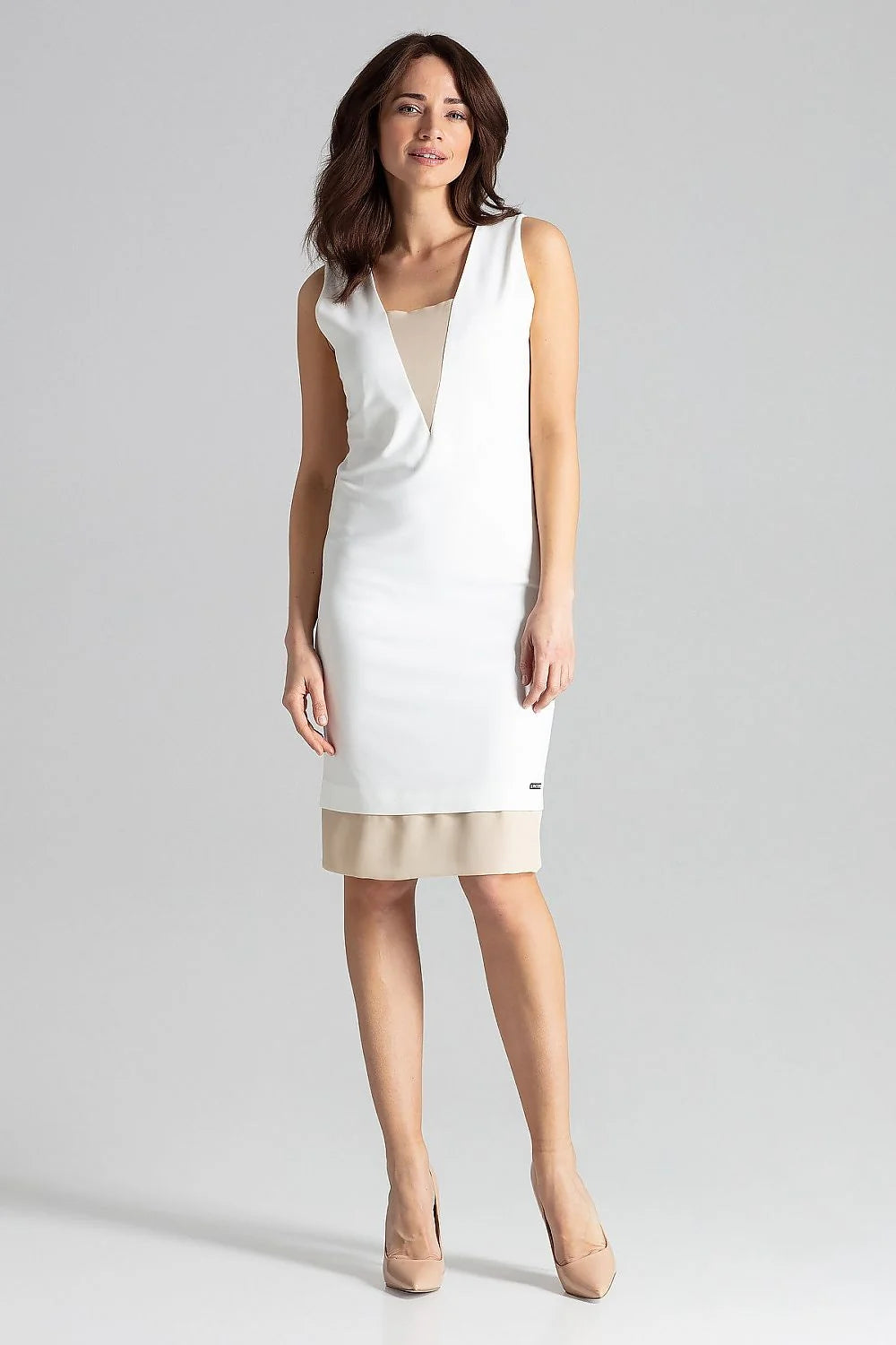 Robe élégante en coton polyester kaki chic moderne col en V sans manches femme