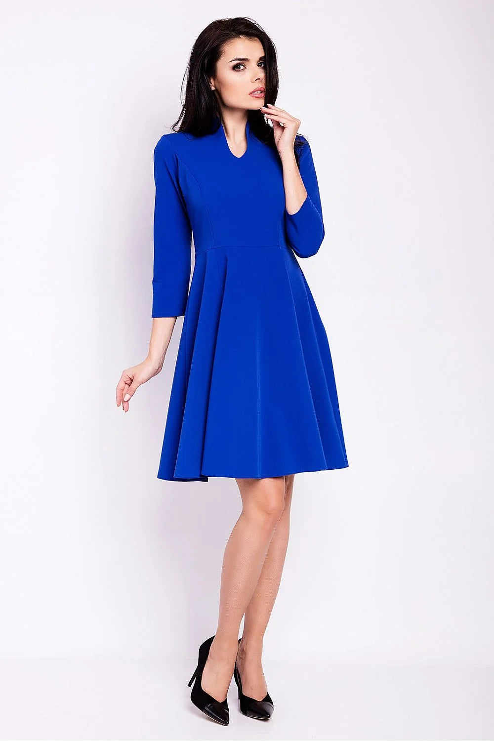 Robe élégante en polyester bleu vif manches trois-quarts col en V style classique chic
