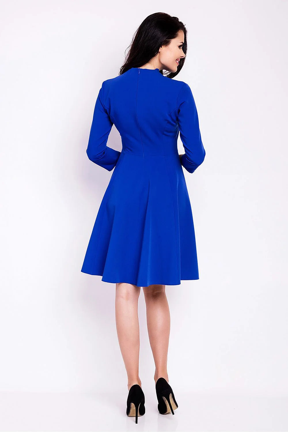 Robe élégante en polyester bleu vif manches trois-quarts col en V style classique chic
