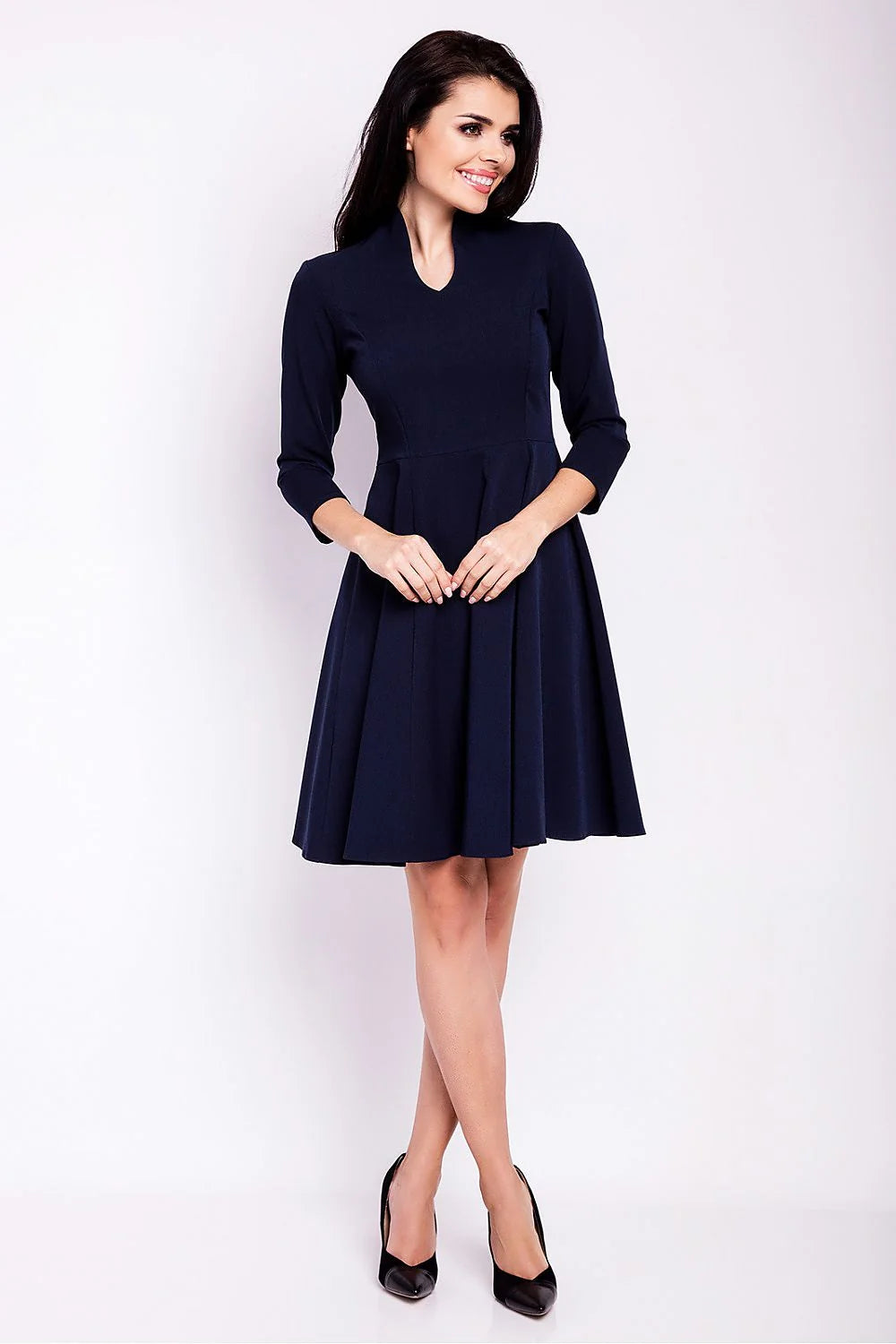 Robe élégante en polyester bleu vif manches trois-quarts col en V style classique chic