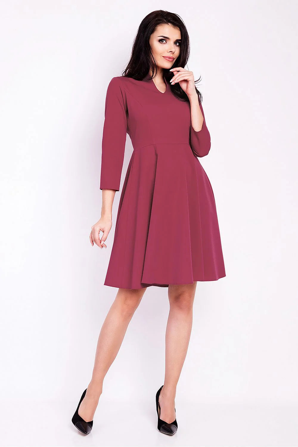 Robe élégante en polyester bleu vif manches trois-quarts col en V style classique chic
