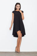 Robe élégante en polyester et viscose noire asymétrique manches courtes style moderne pour soirées chic