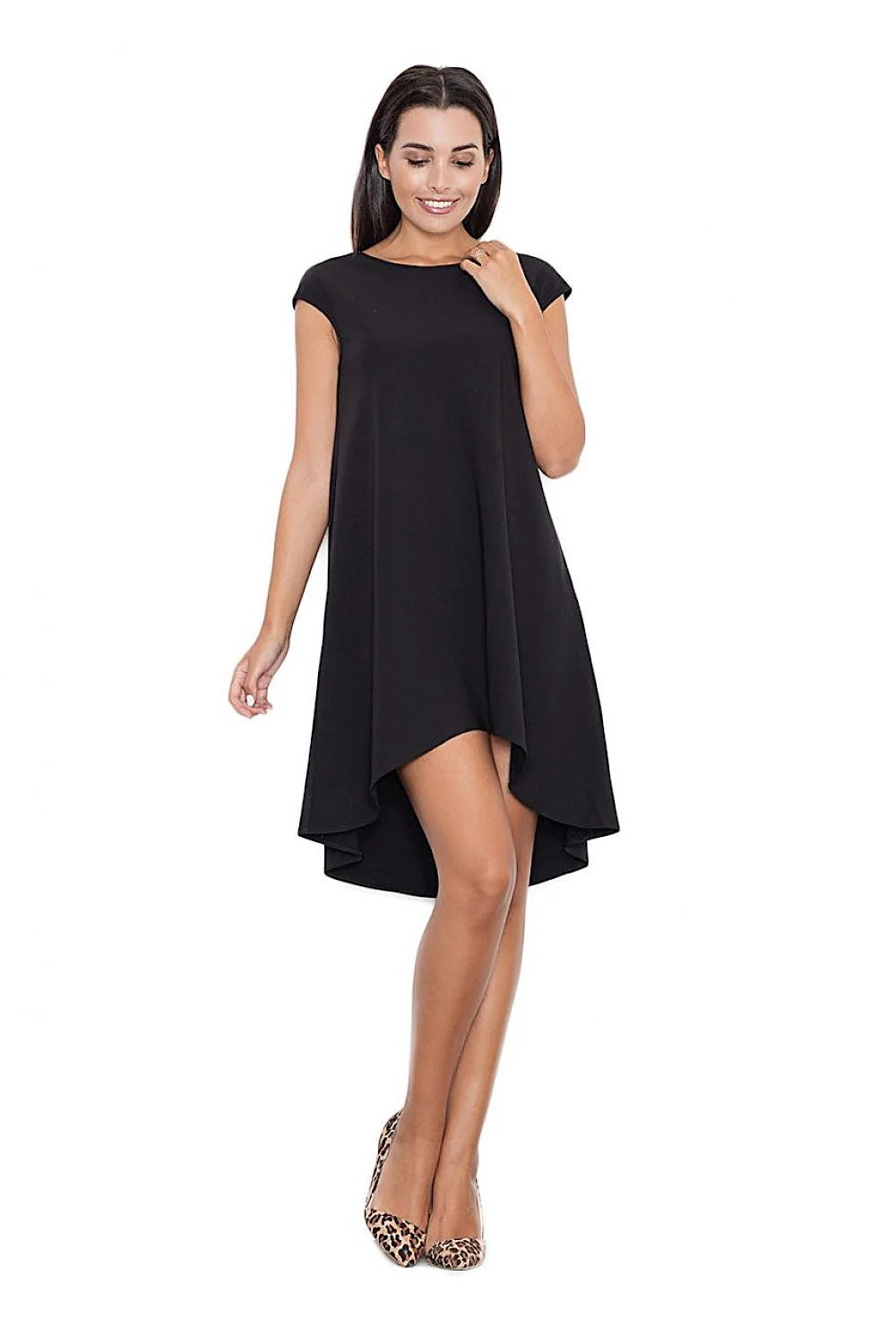 Robe élégante en polyester et viscose noire asymétrique manches courtes style moderne pour soirées chic