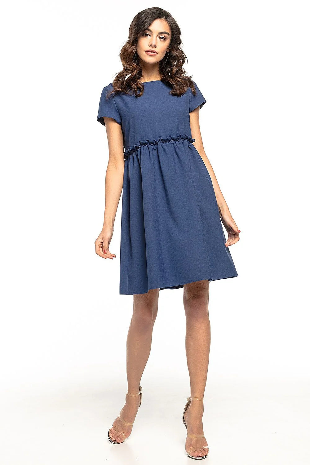 Robe élégante en polyester gris clair manches courtes froncées coupe évasée pour événements quotidiens