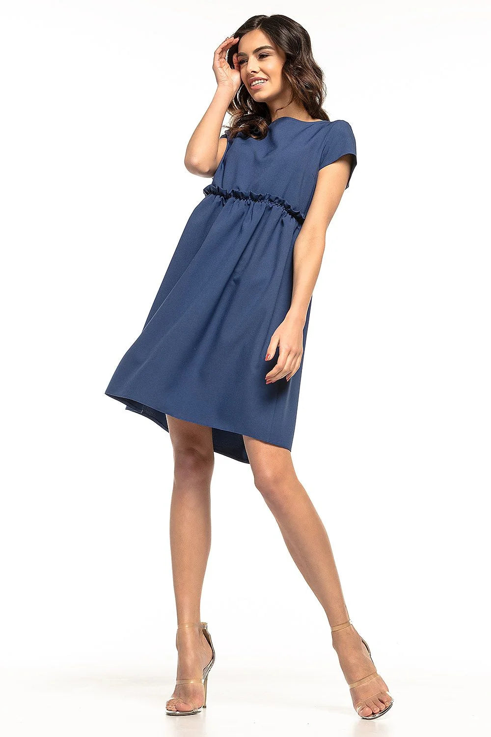 Robe élégante en polyester gris clair manches courtes froncées coupe évasée pour événements quotidiens