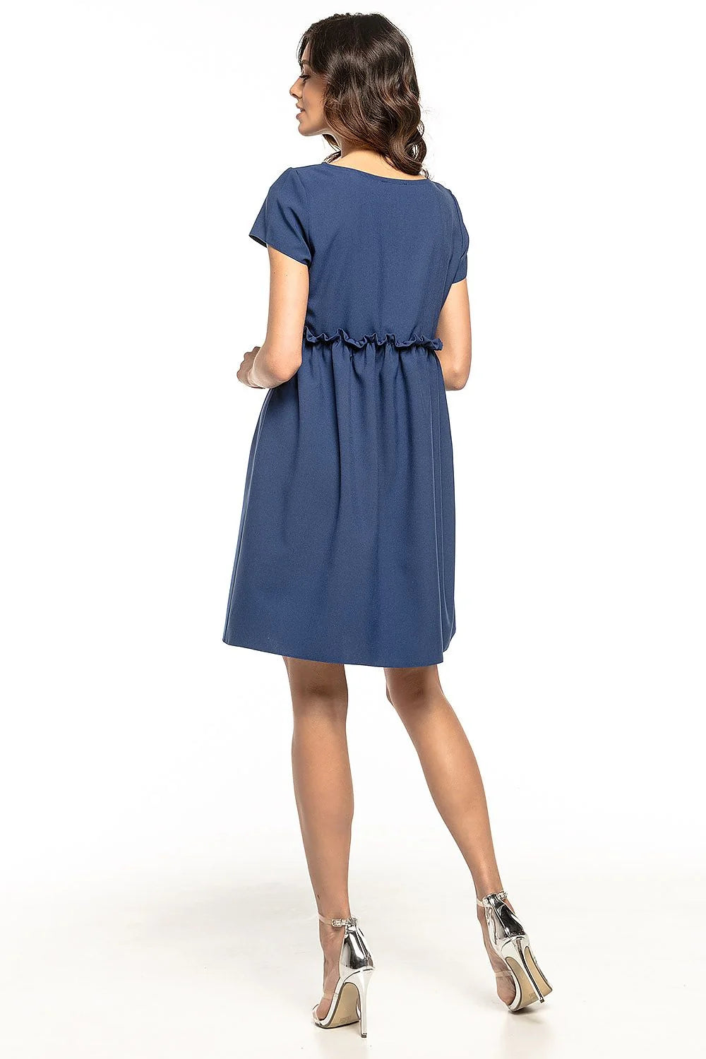Robe élégante en polyester gris clair manches courtes froncées coupe évasée pour événements quotidiens