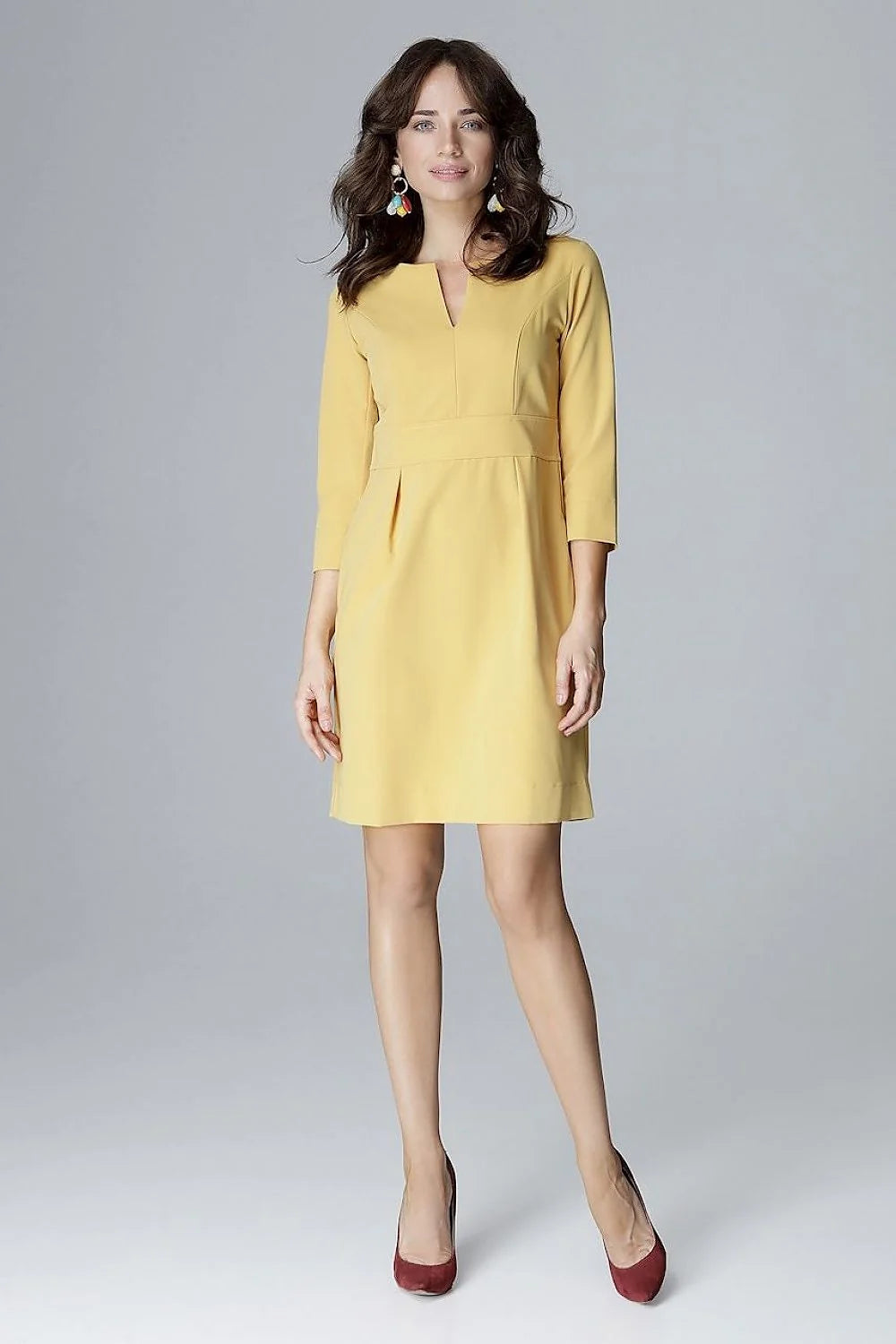 Robe élégante en polyester léger jaune moutarde casual manches trois-quarts col V tendance femme