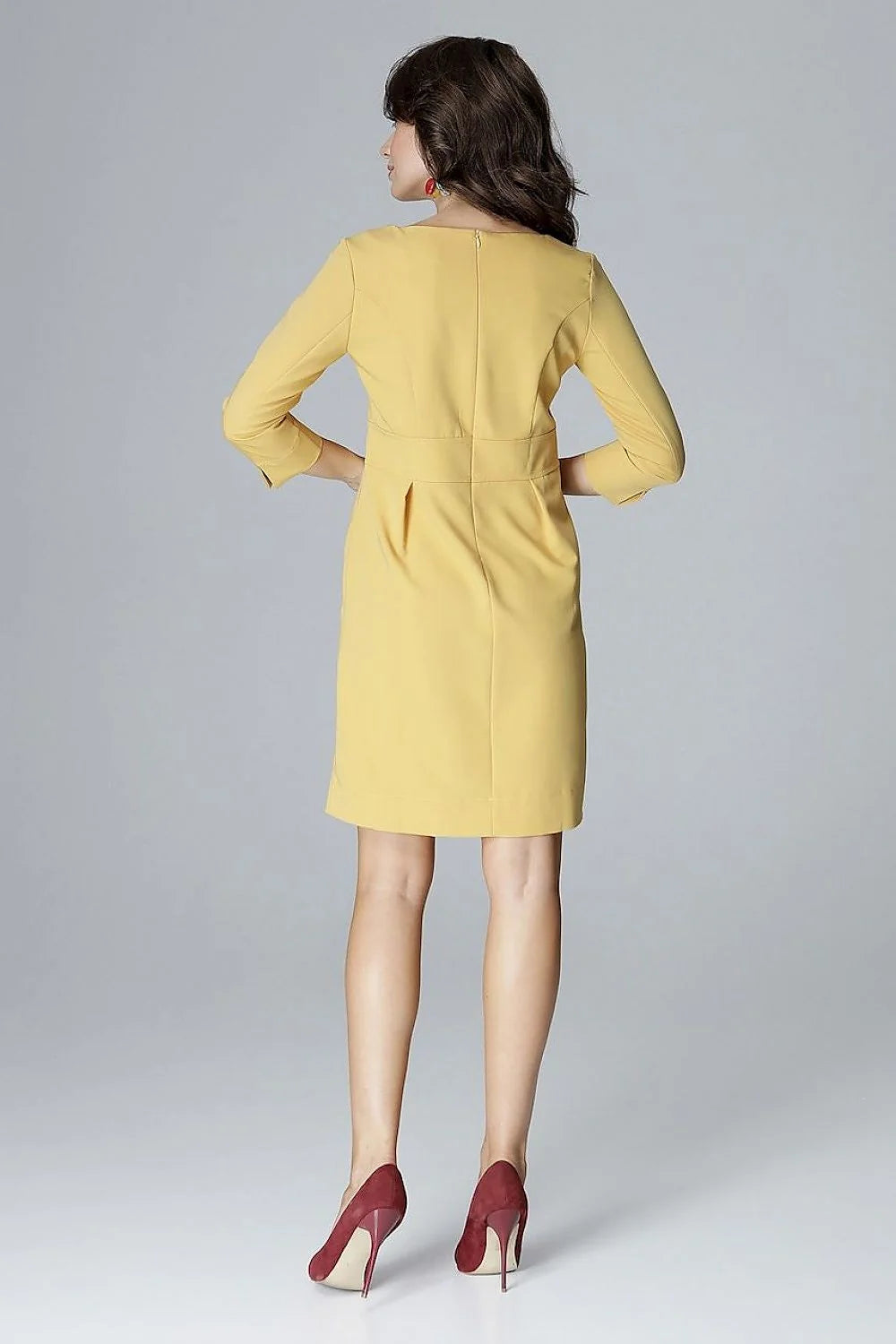 Robe élégante en polyester léger jaune moutarde casual manches trois-quarts col V tendance femme