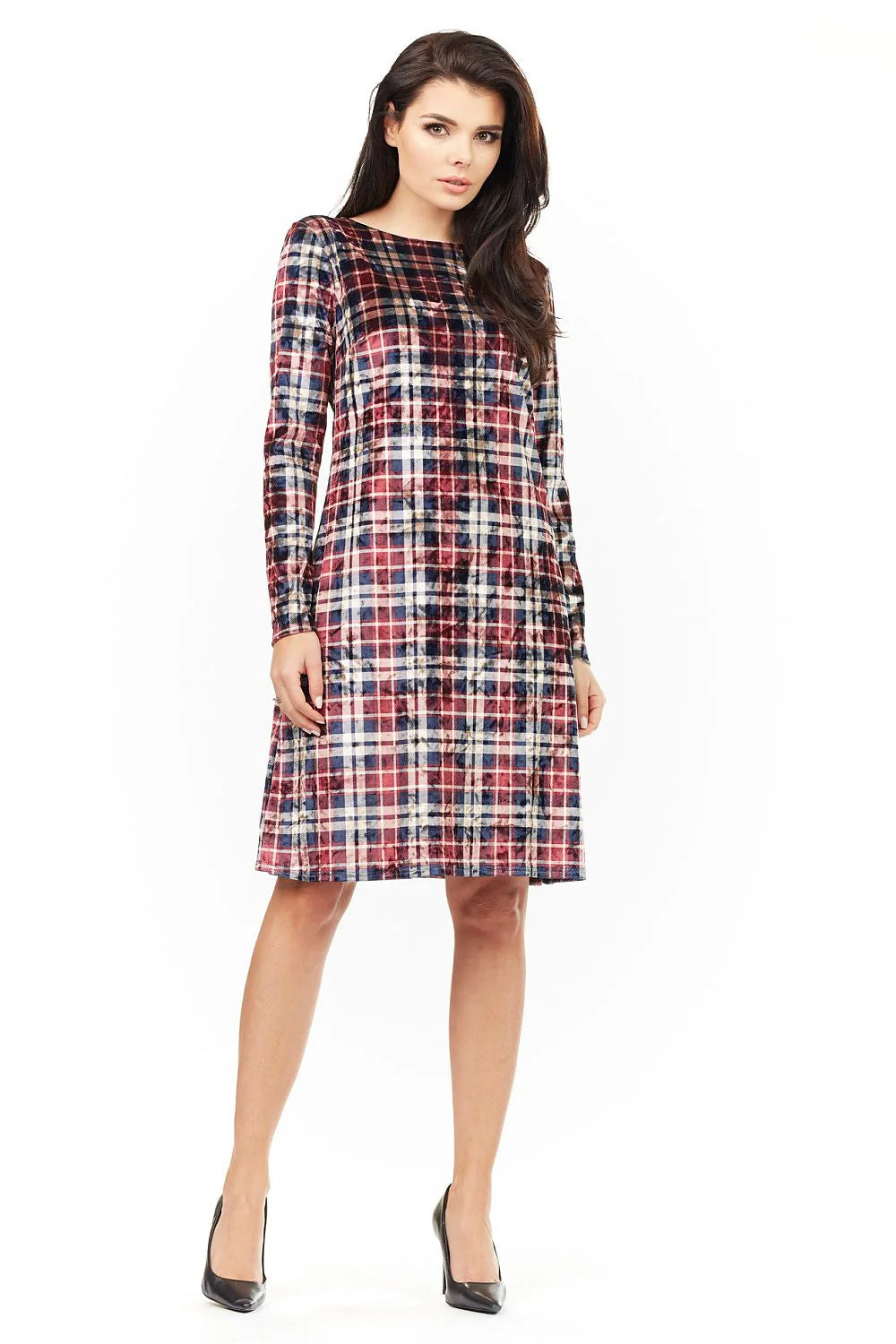Robe élégante en velours à carreaux, manches longues, style chic pour femme moderne et active